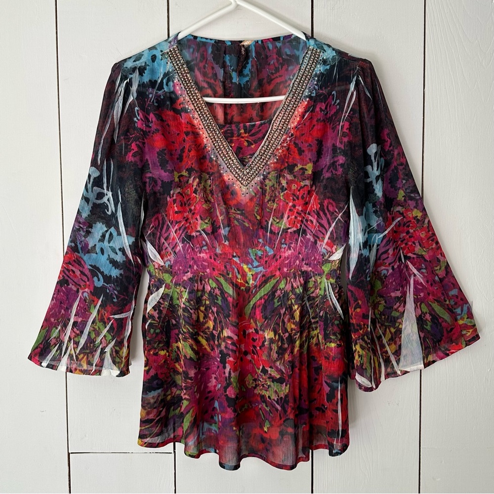 Y2K Mushka Sienna Rose Print Top S/M Sheer Bling Bratz Phoebe Fairy